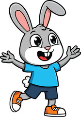 Obraz premium Happy running cartoon rabbit wearing blue shirt and orange sneakers playful character design 