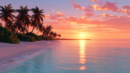 Romantic peach-colored sunset over an untouched tropical beach with swaying palm trees