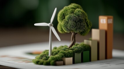 Miniature wind turbine with green tree on bar graph over report paper, representing eco-friendly energy growth and sustainability trend