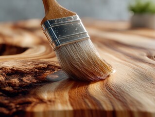 Applying clear varnish on natural wood surface with brush, showing the wood grain texture with warm lighting