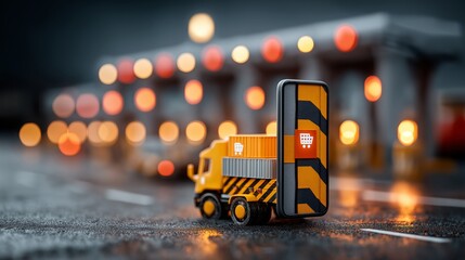 E-commerce delivery truck blocked by digital toll barrier symbolizing online trade restrictions and economic policy enforcement