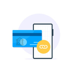 connect bank account, debit card to the smartphone app concept,flat design icon vector illustration
