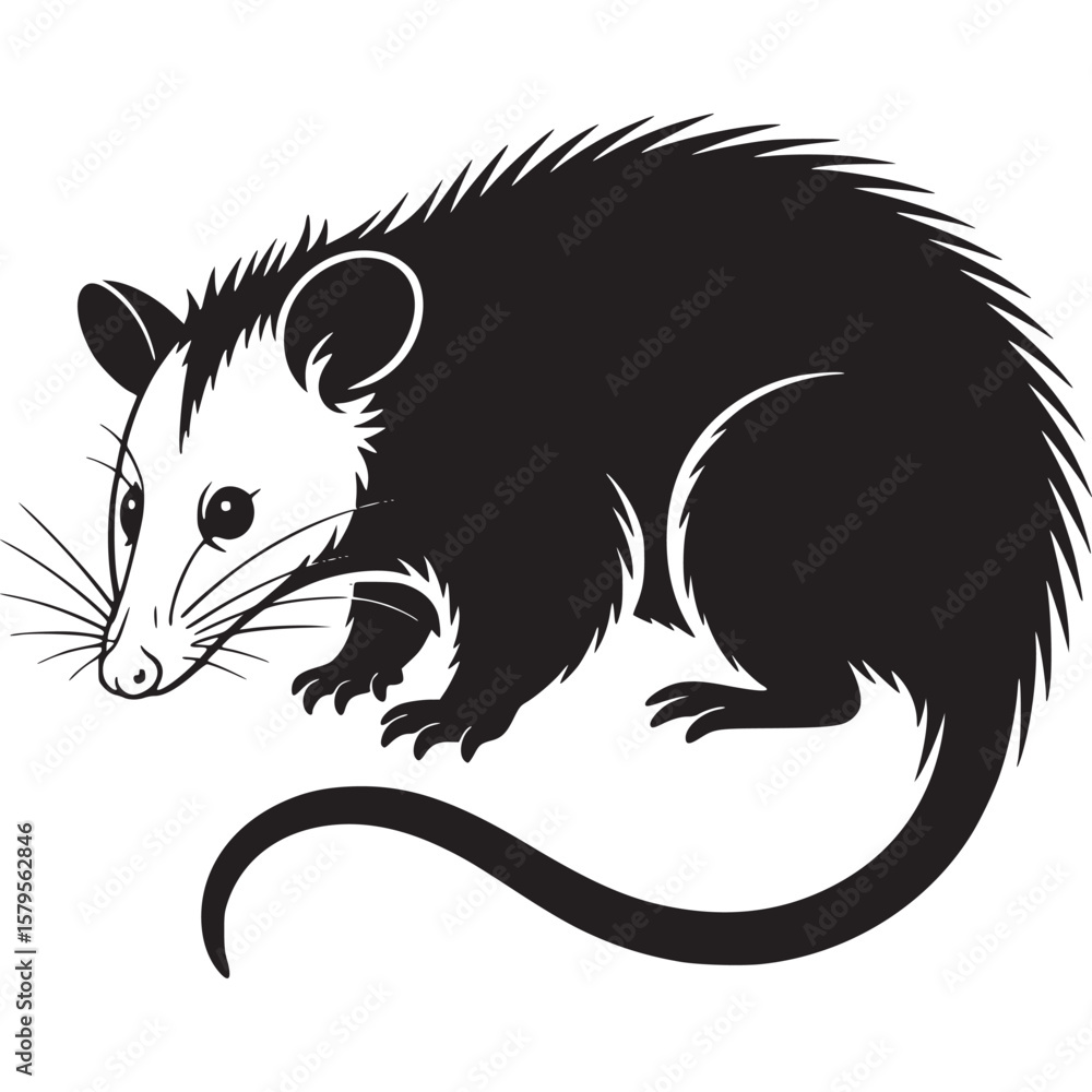 Poster illustration of a black and white opossum with a curled tail on a plain white background in vector f