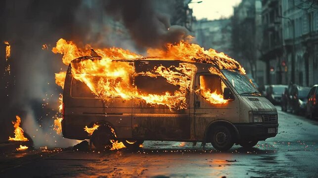 Side view of a passenger van ablaze, orange flames licking the bodywork as thick smoke rises over a damp, empty city street lined with old buildings under daylight on a cloudy morning..