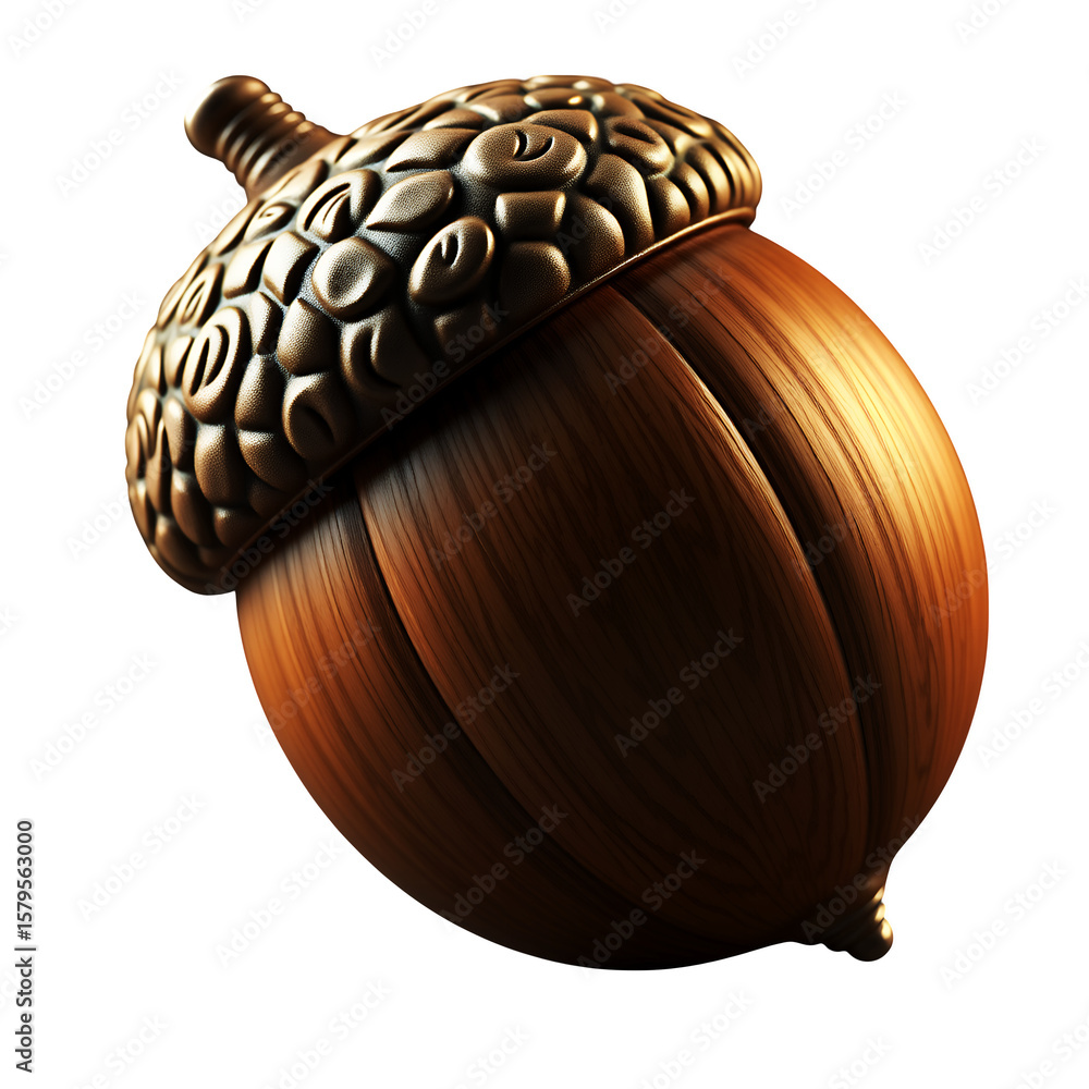 Poster a detailed close up of a brown acorn with a textured cap design on transparent background