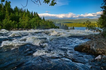 beautiful powerfull waterfall tannforsen in sweden