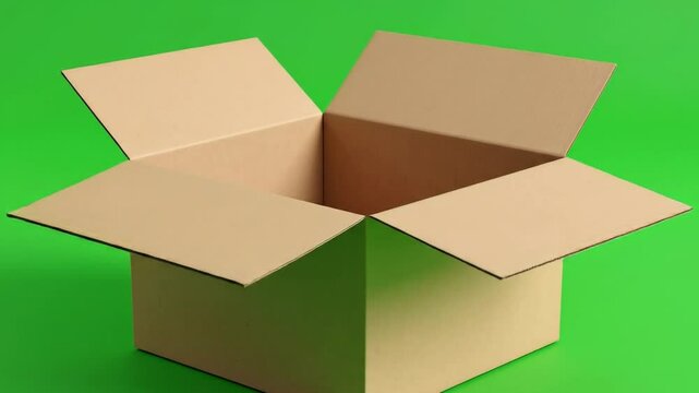 A brown cardboard box open against a solid green background