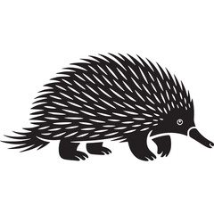 A black and white minimalist illustration of an echidna with sharp quills and a long snout walking on transparent background