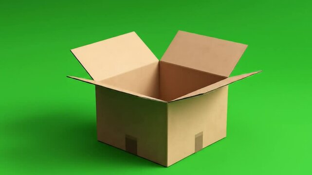 A brown cardboard box open against a vibrant green backdrop