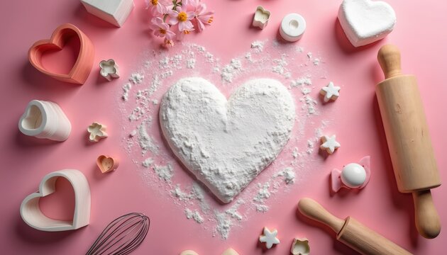 Top view of pink baking surface featuring a heart-shaped dusting of powdered sugar surrounded by baking utensils. Includes cookie cutters, rolling pins, whisk, and star-shaped cookies. - Powered by Adobe