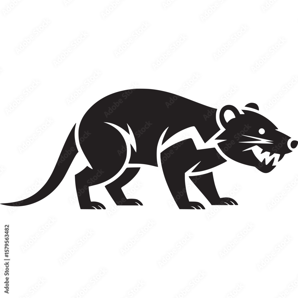 Poster illustration of a tasmanian devil with sharp teeth and a tail in black and white vector format on tr
