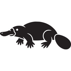 A simple black silhouette of a platypus with a duckbill tail and webbed feet on a white background on transparent background