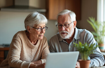 Senior couple manages home finances together on laptop. Elderly man, woman plan budget, review bills, discuss investments, expenses. Focused pair analyses financial documents for retirement planning,