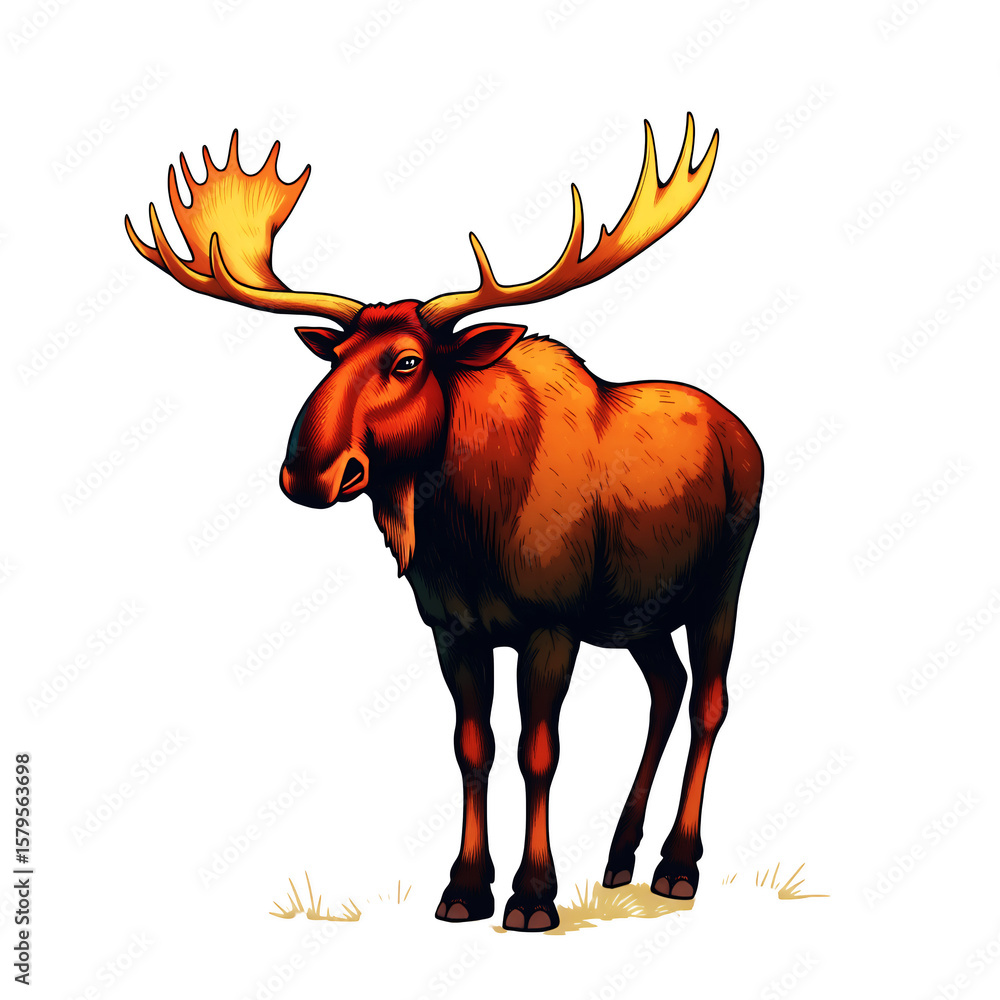 Poster illustration of a moose standing on a small patch of grass against view on transparent background