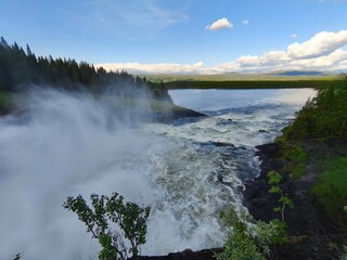 beautiful powerfull waterfall tannforsen in sweden