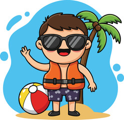 Boy wearing sunglasses and orange life vest standing near palm tree with beach ball on sandy shore vector illustration 