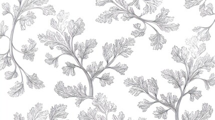 Delicate, repeating fern-like pattern on white background