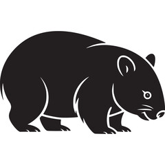 A solid black silhouette of a wombat standing on a white background in a simple vector illustration on transparent background