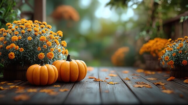 Pumpkins and mums on a wooden porch create an autumn vibe for Halloween or Thanksgiving