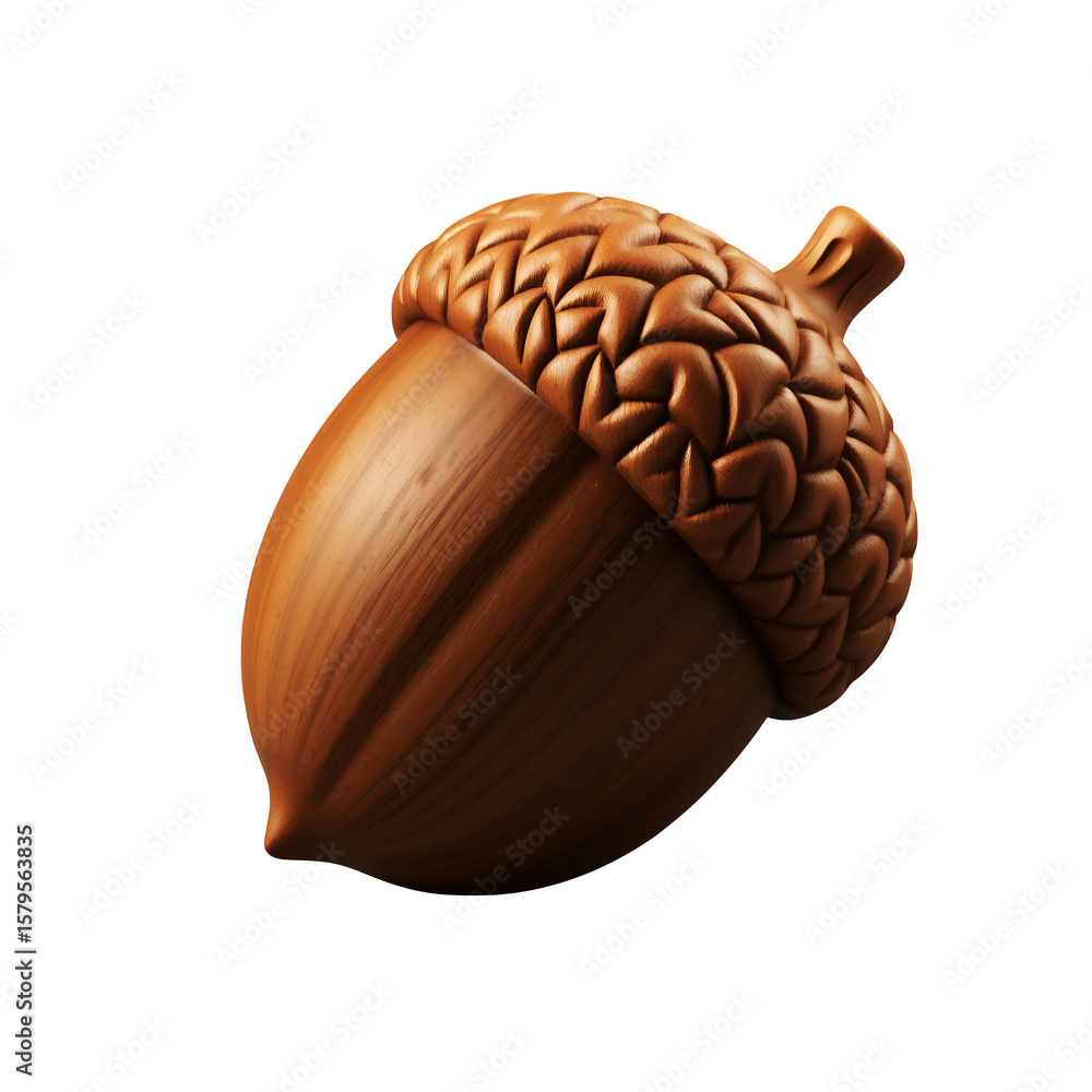 Poster close up of a brown acorn with a textured cap in studio lighting on transparent background
