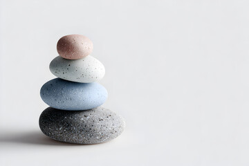 Balanced Stack of Natural Zen Stones on White – Minimal Mindfulness Concept

