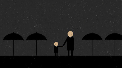 Stick Figure Child Holding Hands with Strong Man Graphic Art Little One and Protector Illustration Father and Son Bond Powerful Figure Guidance Art
