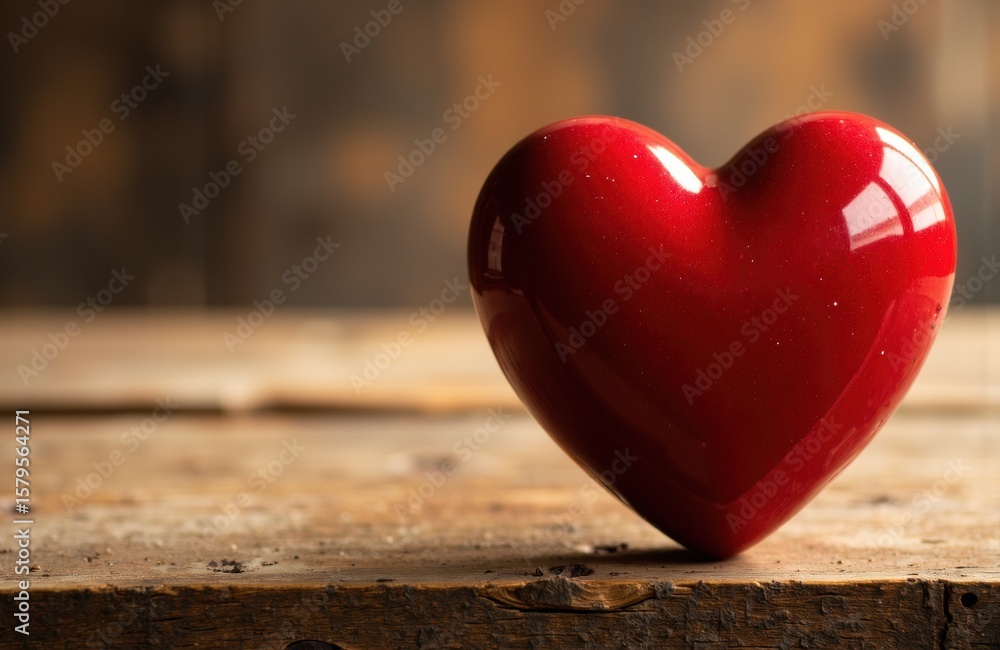Poster a red heart-shaped object resting on a rustic wooden surface