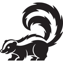 Illustration of a skunk with a large striped tail in black and white on a white background art on transparent background