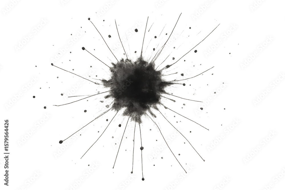 Poster black powder exploding and creating a chaotic stain, with debris rapidly expanding against a transpa