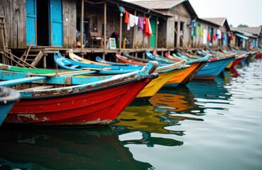 Obraz premium Colorful boats docked along a waterfront with wooden houses and laundry hanging in the background