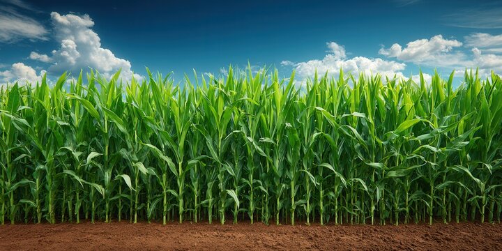 Lush green corn stalks rise tall against a vibrant blue sky on a bright summer day in Midwest America