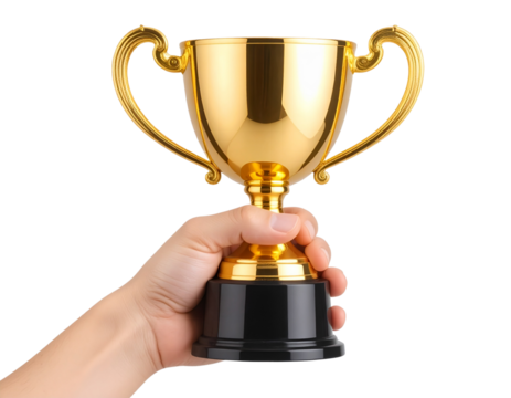 Hand holding a gold trophy, isolated on a transparent background. PNG file with a whi