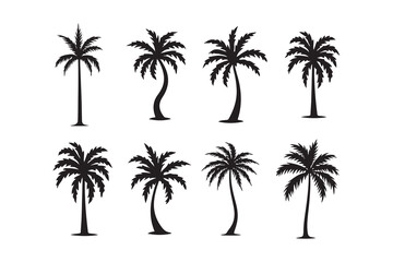 Collection of Silhouetted Palm Trees.A set of nine black silhouette palm trees against a white background.