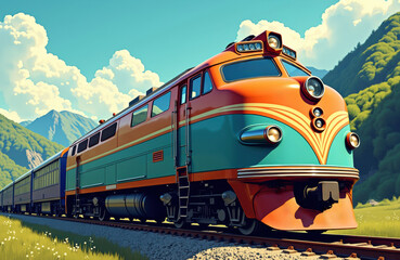 Obraz premium Colorful vintage train traveling through scenic mountain landscape with blue sky and fluffy clouds