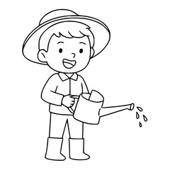 Little Boy Watering Plants Cute Outline