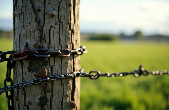 A weathered wooden post wrapped with metal chains in a rural outdoor setting