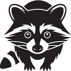 A stylized black and white illustration of a raccoon with a striped tail on a white background on transparent background