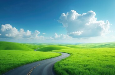 Fototapeta premium Winding asphalt road through vibrant green rolling hills under bright blue sky with fluffy clouds. Picturesque countryside scene evokes sense of journey, freedom, natural beauty. Perfect for travel,