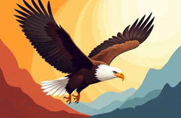 Fototapeta premium Majestic eagle soaring over mountain landscape with vibrant sunset sky