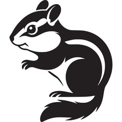 A stylized black and white illustration of a chipmunk standing on its hind legs with a bushy tail on transparent background
