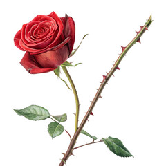 Fototapeta premium Single Red Rose Elegance and Thorns Isolated On Transparent Background