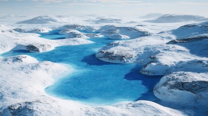 Glacial lakes winding through a snowy landscape.