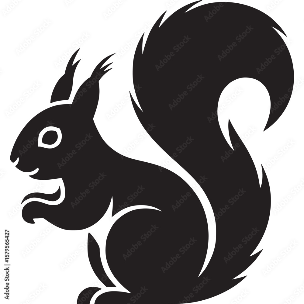 Poster a black squirrel silhouette with a large bushy tail on a plain white background in side profile view