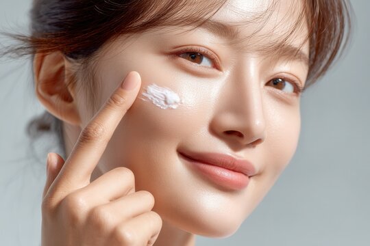 Korean woman applies moisturizing cream to her cheek, showcasing smooth skin and natural lighting from the side