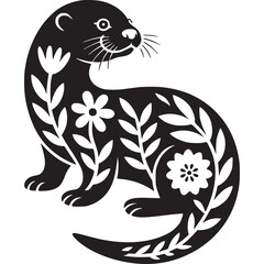 Stylized black and white otter illustration with floral patterns on its body in a flat design on transparent background