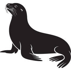 A black silhouette of a sea lion sitting upright and looking up on a light gray background illustration on transparent background