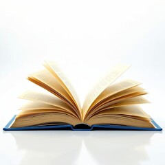 Fototapeta premium Open blue hardcover book with yellowed pages on white background. An invitation to read, learn, and discover new stories. Ideal for education, literature, and storytelling concepts.