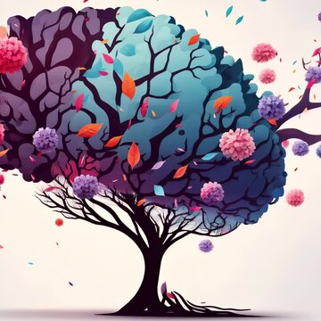 Human brain tree with flowers mental health, self care concept, positive thinking, creative mind, ADHD, schizophrenia, depression, Anxiety, panic attacks, Voices in my head, Neurodiversity