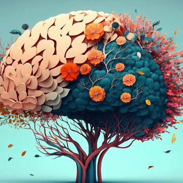 Human brain tree with flowers mental health, self care concept, positive thinking, creative mind, ADHD, schizophrenia, depression, Anxiety, panic attacks, Voices in my head, Neurodiversity