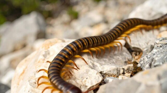 A centipede crawls across light-colored rocks exhibiting detail.
